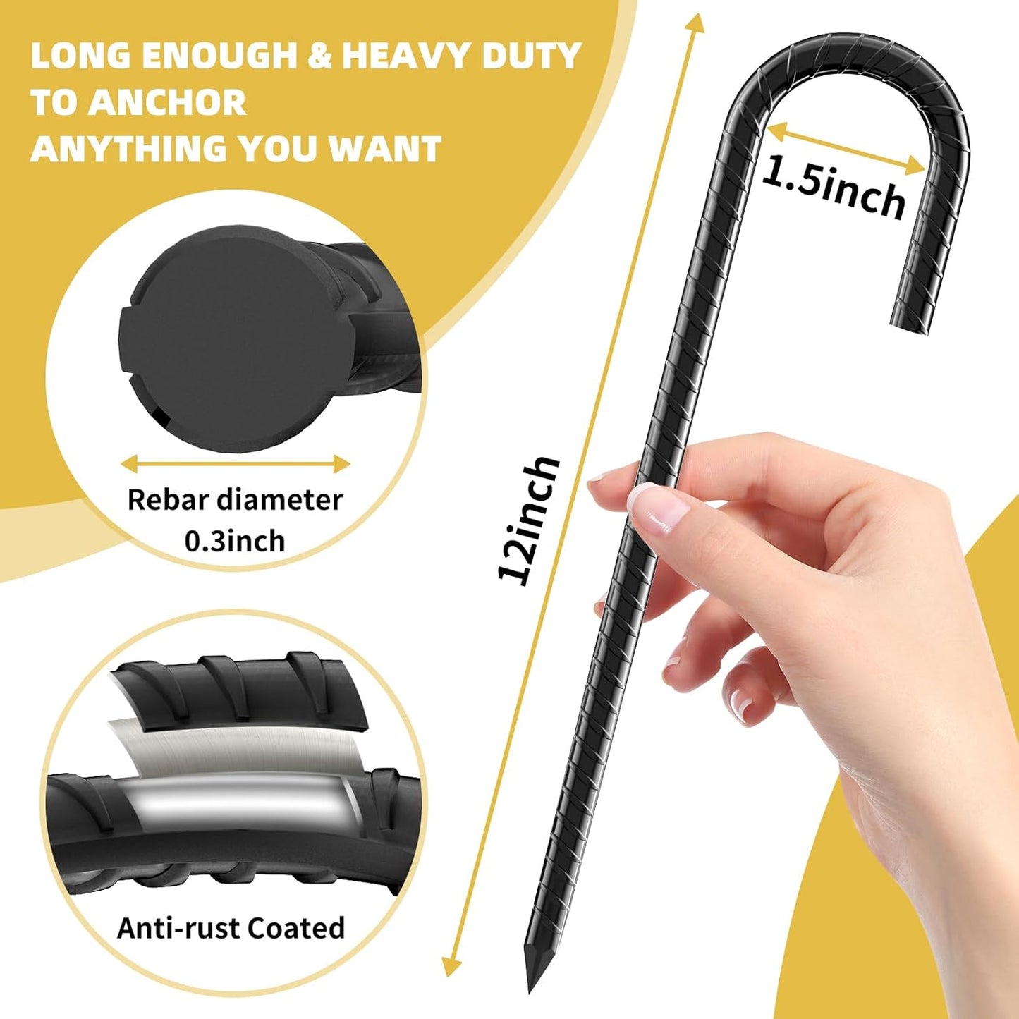 12 Inch Rebar Stakes, 8 Pack J Hook Heavy Duty Ground Stakes for Canopy Tent Trampoline and Chain Link Fence Rust Proof Coated Steel Ground Stakes Ground Anchors (Black)
