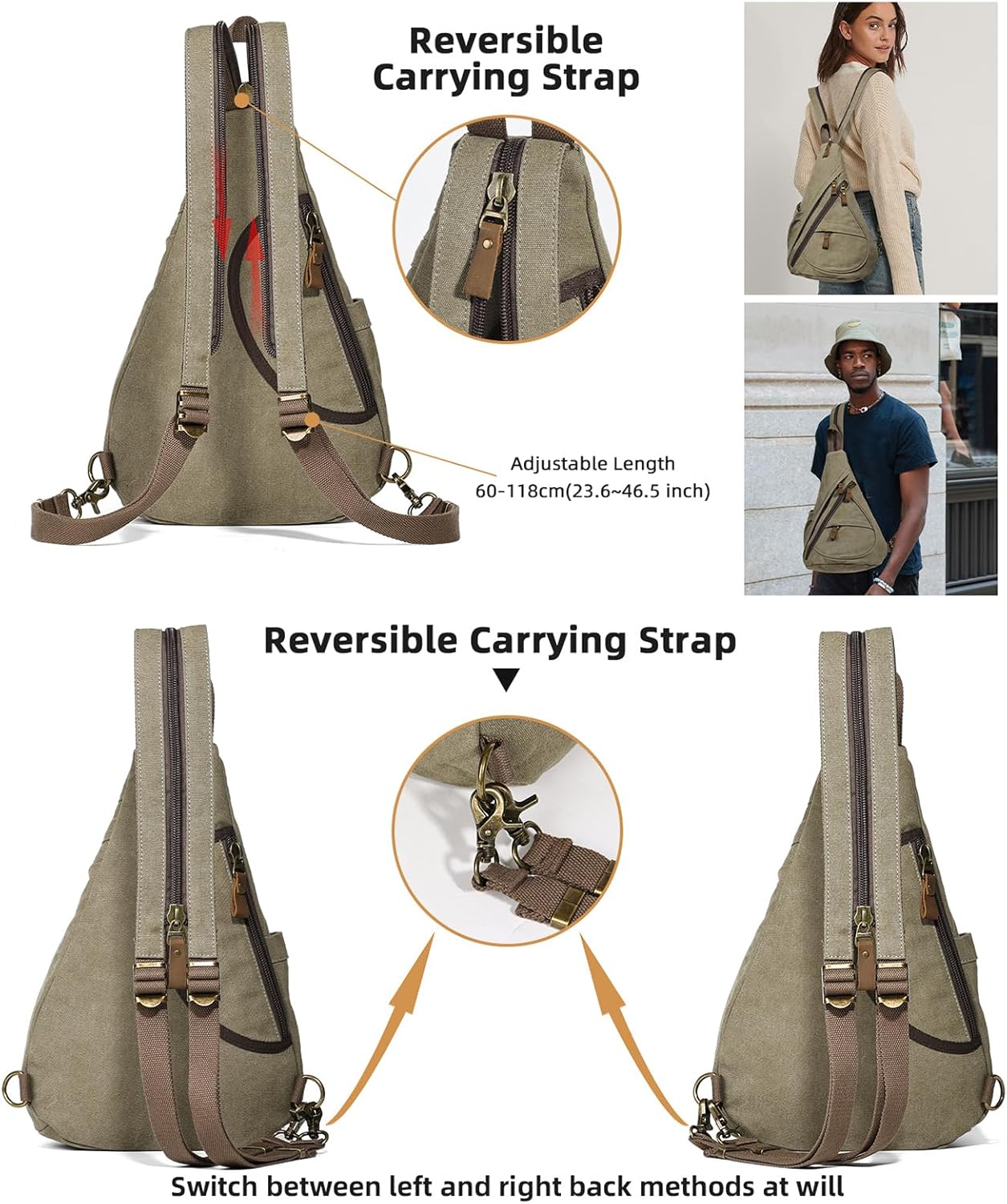 KL928 Canvas Sling Bag - Small Crossbody Backpack Shoulder Casual Daypack Rucksack for Men Women(Large Version)