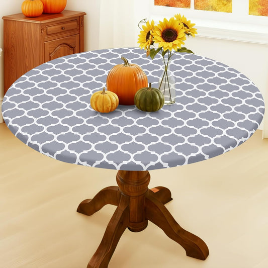 Smiry Round Picnic Tablecloth, Waterproof Elastic Fitted Table Covers for 57" - 68" Tables, Wipeable Flannel Backed Vinyl Tablecloths for Camping, Indoor, Outdoor, Grey & White