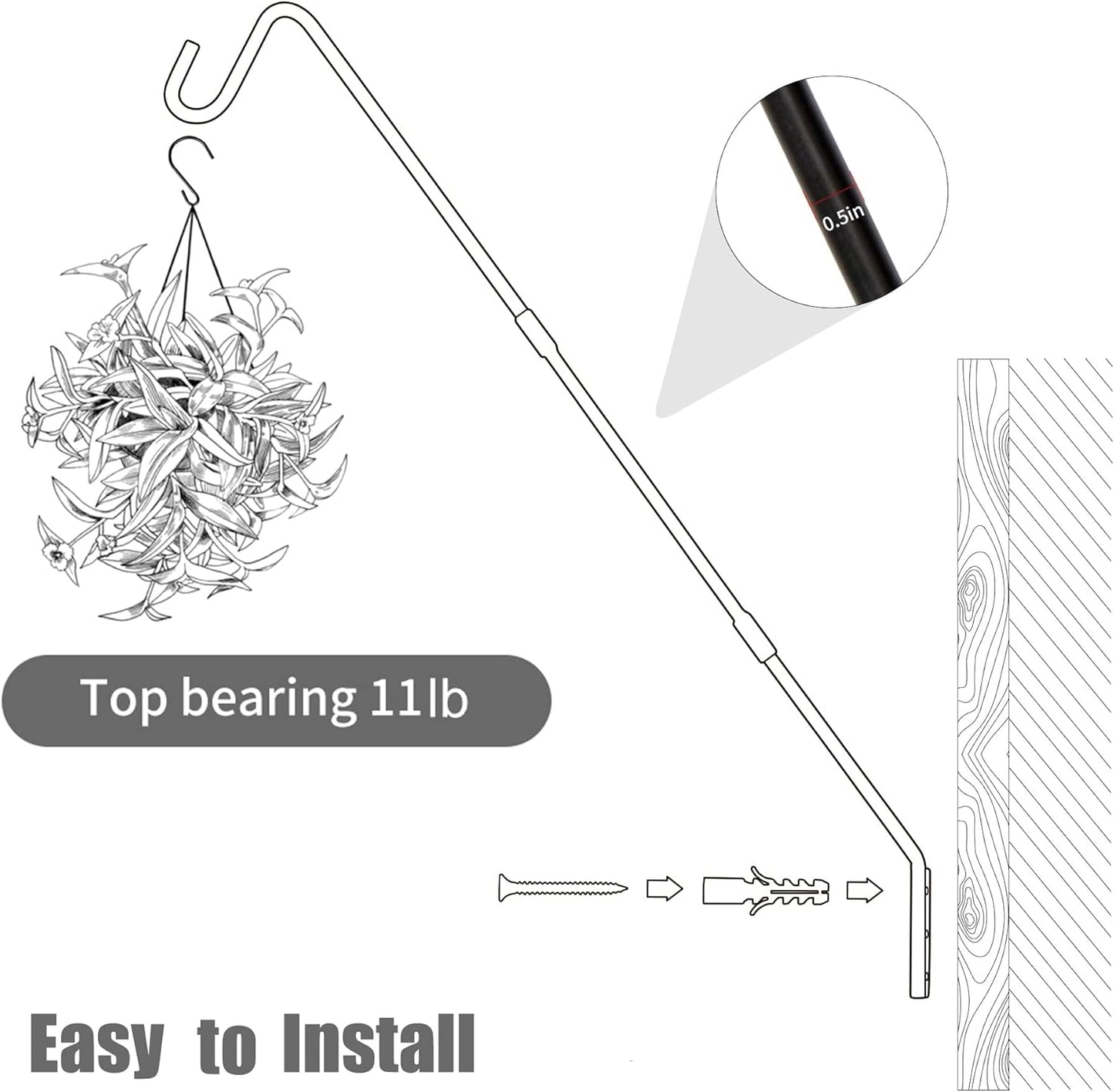 Juegoal Heavy Duty Deck Hook, 25 Inch or 36 Inch Wall Mounted Extended Reach Deck Hook Wall Pole Plant Bracket for Hanging Bird Feeder, Plants, Suet Baskets, Lanterns, Wind Chimes