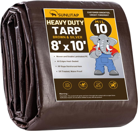 10 Mil Heavy Duty Waterproof Tarps, 8x10 Ft Finished Size Tarps, Premium Tarp with Metal Grommets & Reinforced Edge, Multipurpose Thick Tarp for Car, Boat, Roof, Camping - 2 Pack, Brown