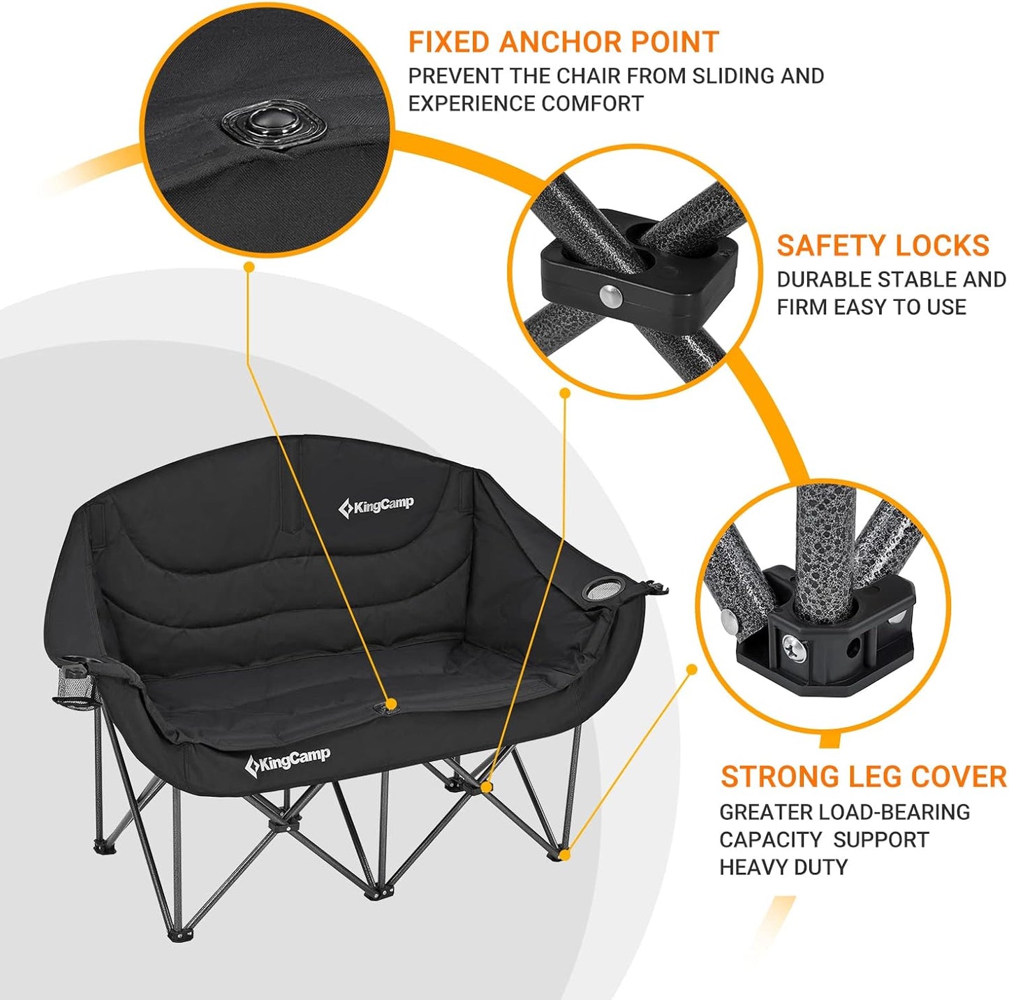 KingCamp Double Camping Chair, Oversized Heavy Duty 550lbs Loveseat for Adults Portable Folding XL 2 Person Couch Padded Comfortable Two Seat with Cup Holder for Outdoor Lawn Backyard, Black/Grey