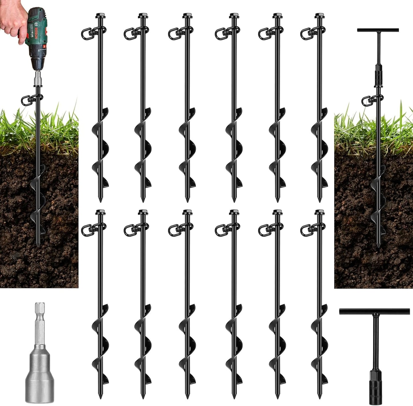 12 Pack Ground Anchor Heavy Duty Earth Anchors with T Handle Hex Wrench & Power Nut Driver, Metal Stakes Ground Anchors Screw in for Swing, Trampoline, Tents, Securing Animals