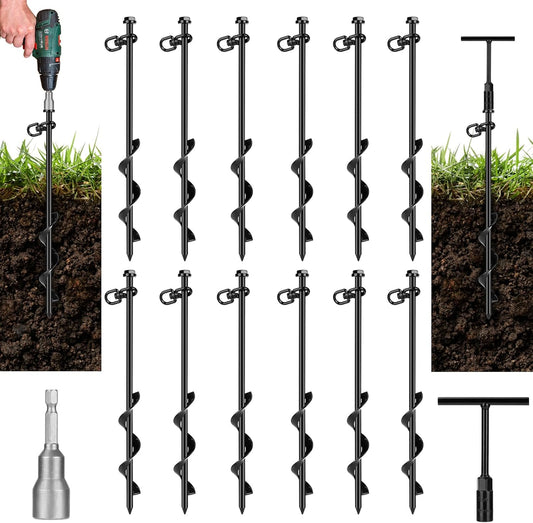 12 Pack Ground Anchor Heavy Duty Earth Anchors with T Handle Hex Wrench & Power Nut Driver, Metal Stakes Ground Anchors Screw in for Swing, Trampoline, Tents, Securing Animals