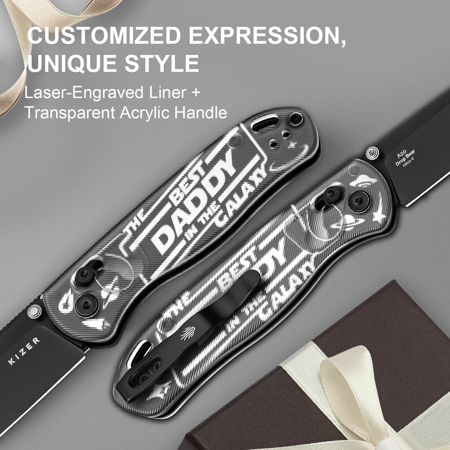 Kizer Drop Bear EDC Pocket Knife, 2.97” Nitro-V Blade Acrylic Handle Folding Knife with Thumb Stud Opener, Clutch Lock EDC Knives for Father Dad Gift V3619A11