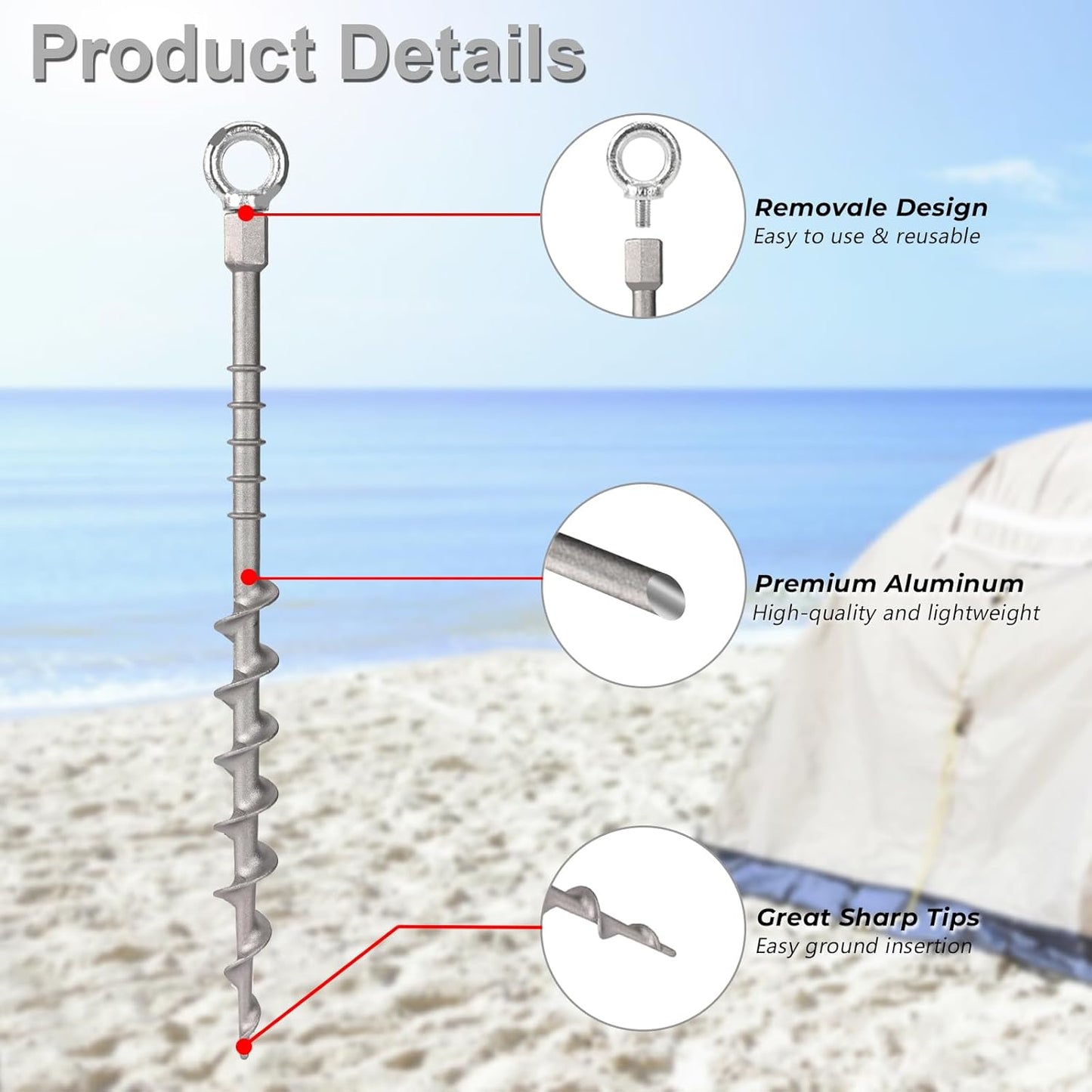 14" Ground Anchors Screw in Non-Rust Cast Aluminum Detachable Tent Stakes for Camping Tents, Sand, Trampoline, Swing Sets and Sheds（16 Packs）