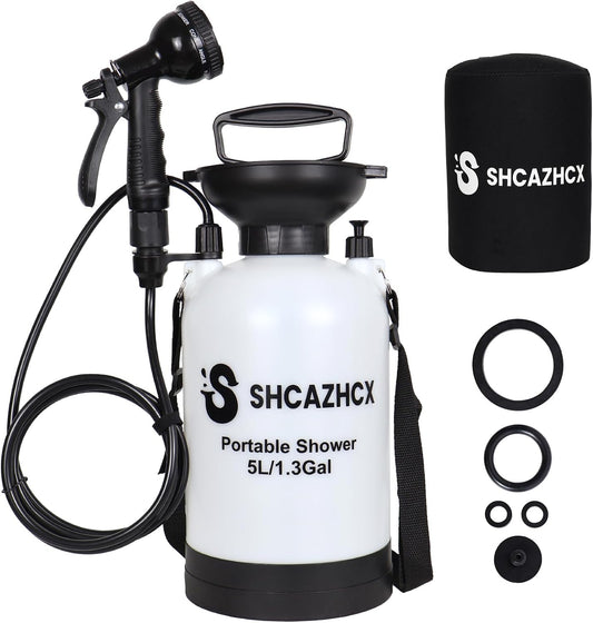 1.3 Gallon/5L Portable Shower with 10 Spray Modes, No Power Needed, Multi-use Sprayer for Camping & Beach Shower, Hiking, Pet Bath, Car Washing, Plant Spraying, White