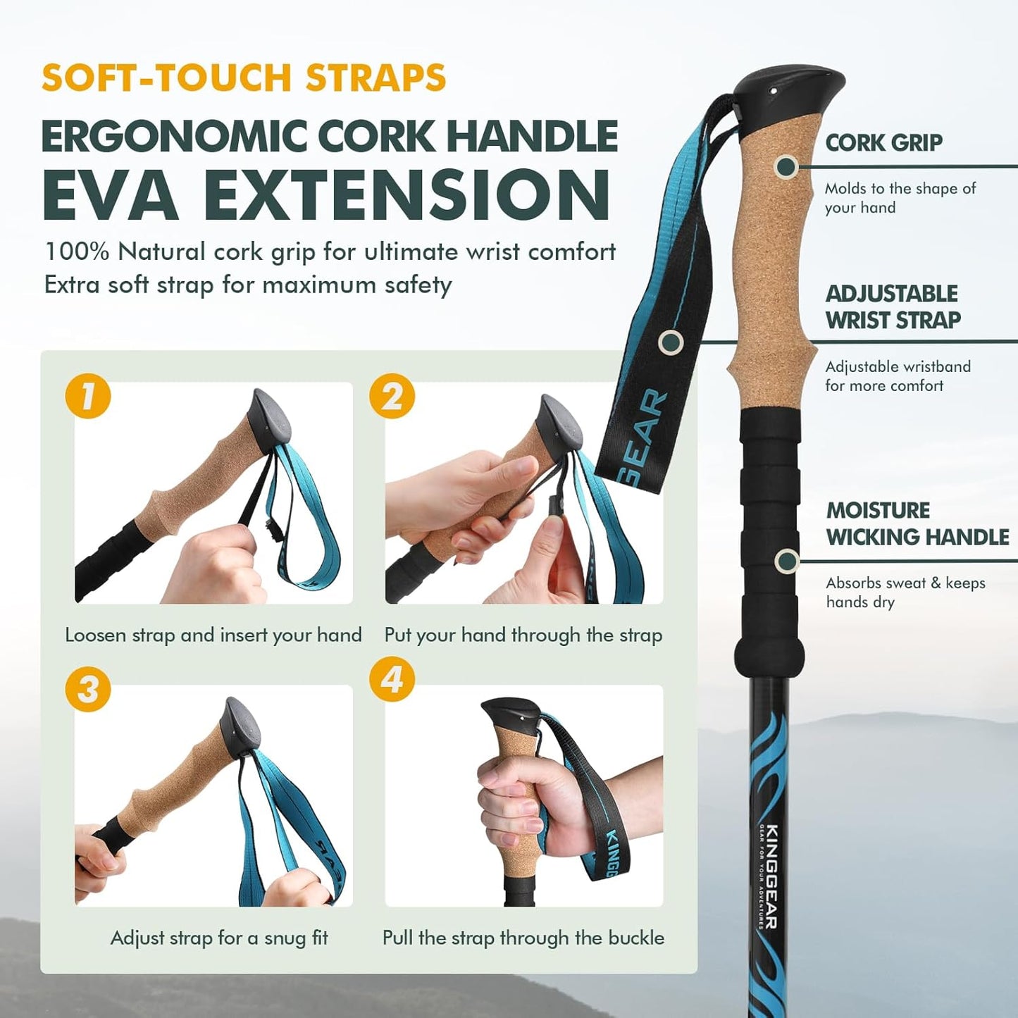 KINGGEAR TPC 100% Carbon Fiber Hiking Poles, Telescopic Retractable Nordic Trekking Poles, Ultra Lightweight Nordic Walking Stick, Metal Flip Locks, Cork and Extended EVA Handle