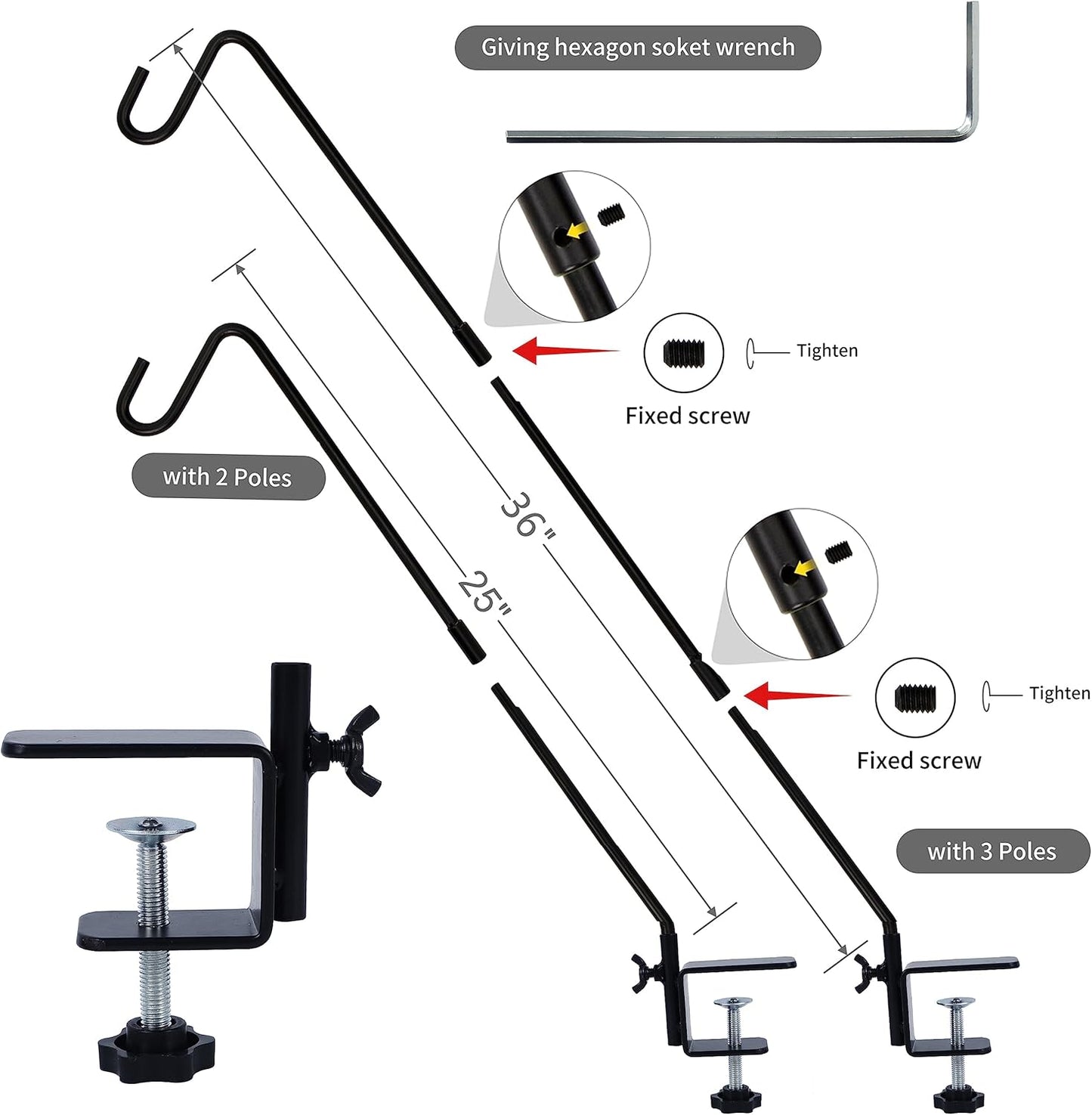 Juegoal 2 Pack Heavy Duty Deck Hook with 2 Inch Non Slip Clamp, 25 to 36 Inch Extended Reach Deck Hook, Adjustable Rail Pole Plant Bracket for Hanging Bird Feeder, Suet Baskets, Lanterns, Wind Chimes