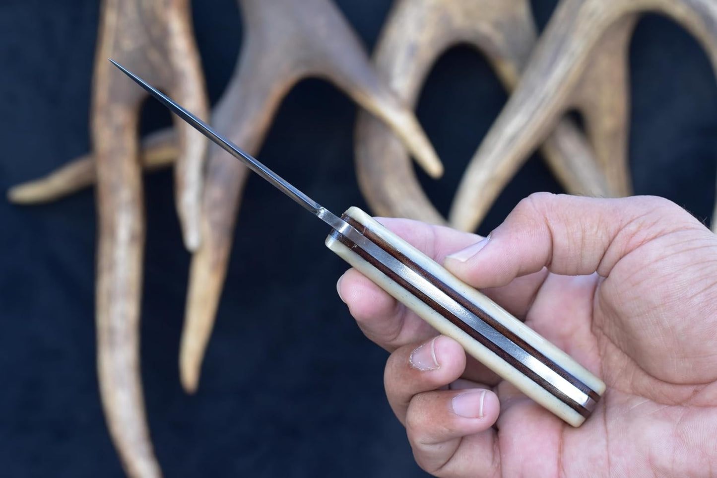 Knives Ranch 7" Full Tang EDC Hunting Knife - Damascus Steel - Excellent Edge Retention - Bone Handle - Horizontal Carry Leather Sheath Snug Fit (3056-B)