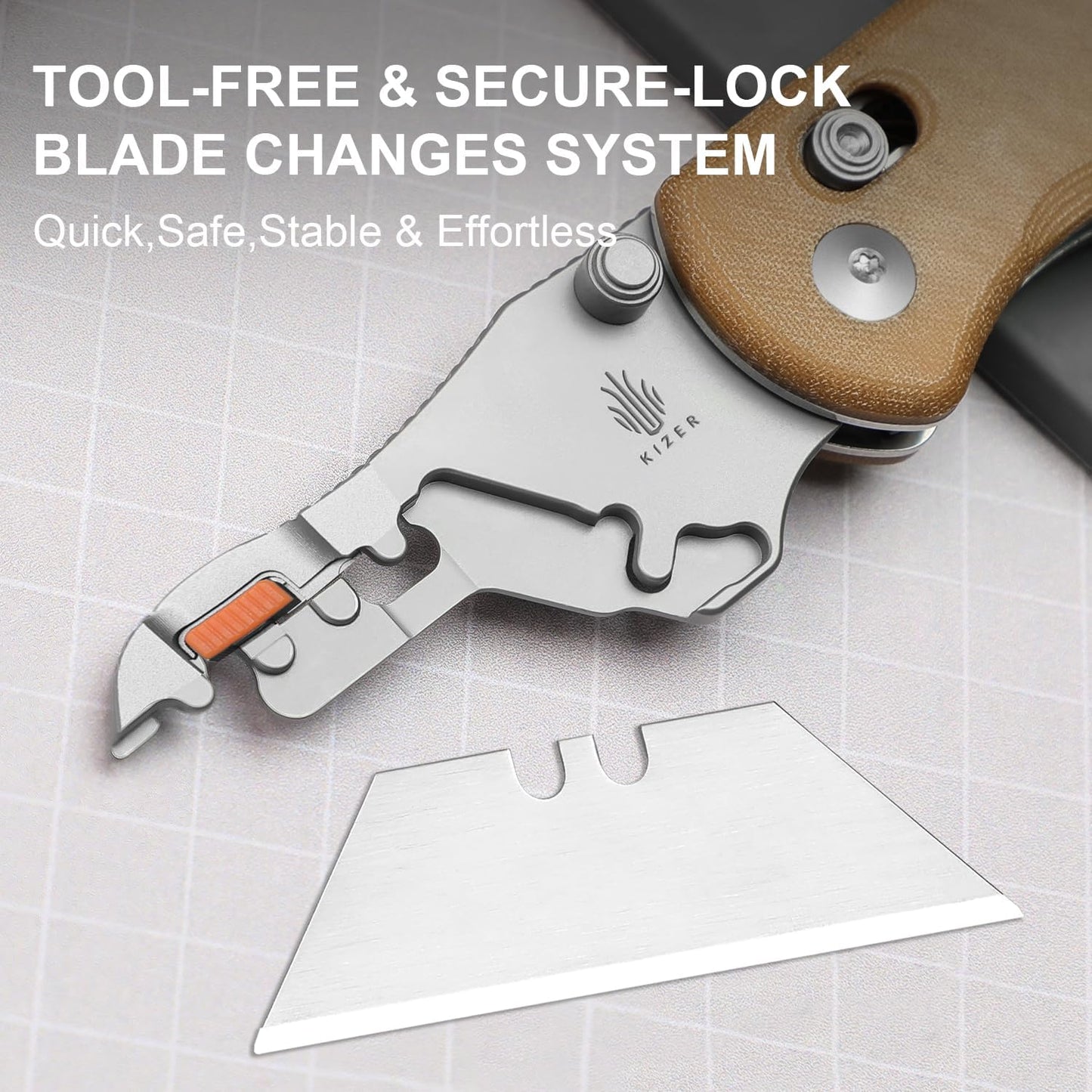 Kizer Uti Bear(Tool-Free Version) Folding Utility Knife, Quick Change Box Cutter EDC knife with 5PCS Razor Blades, Clutch Lock & Pocket Clip Small Pocket Knives for Men Women V3619JA7