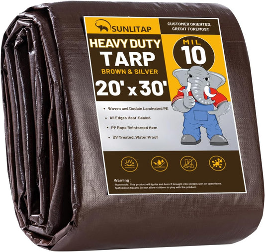 10 Mil Heavy Duty Waterproof Tarps, 20x30 Ft Finished Size Tarps, Premium Tarp with Metal Grommets & Reinforced Edge, Multipurpose Thick Poly Tarp for Car, Boat, Roof, Camping - Brown