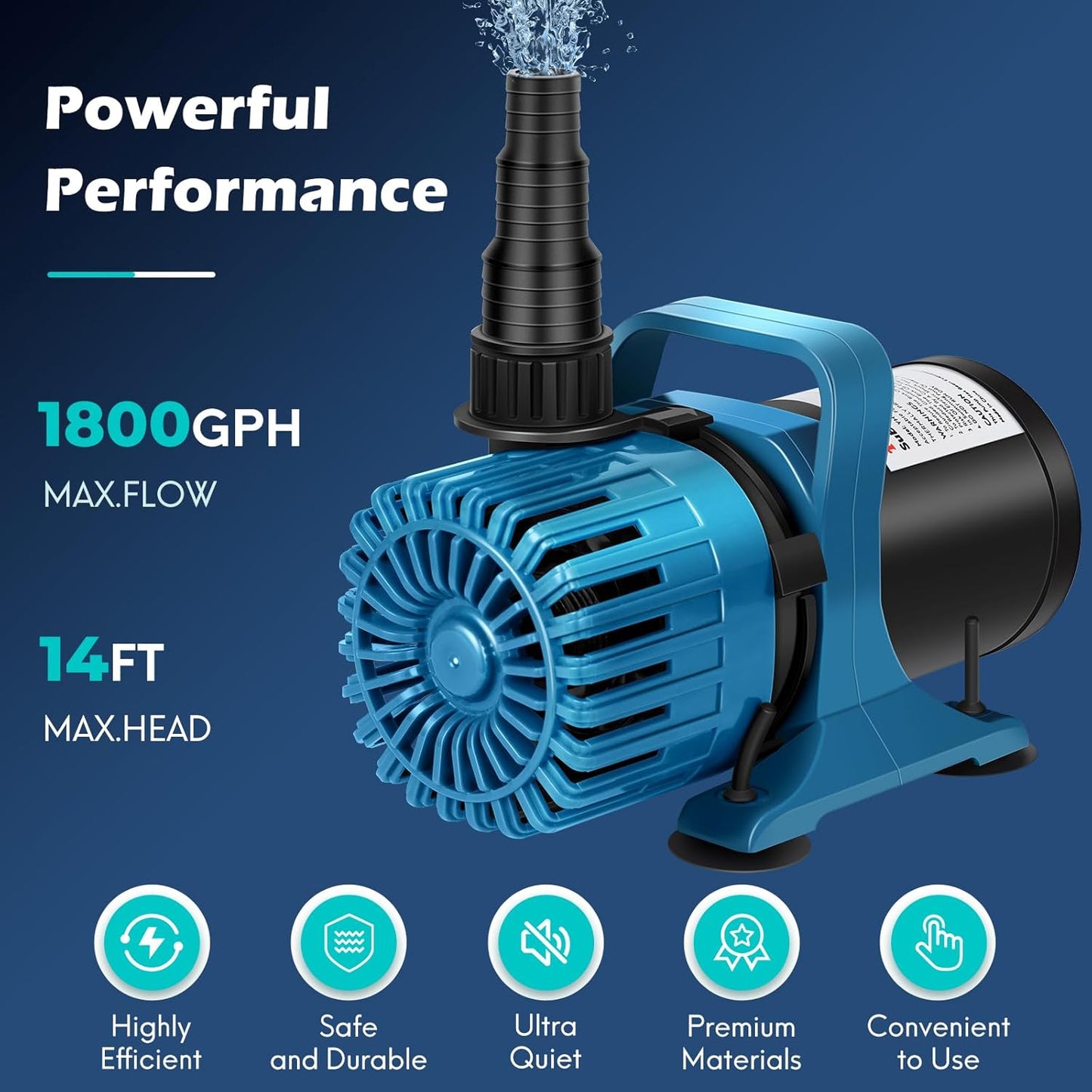 100W 1800 GPH Pond Pump for outdoor Ponds and Water Garden, Ultra-Quiet Fountain Pump with 180° Adjustable Outlet, 20FT Cord & Barrier Bag, Waterfall Pump, UL Listed