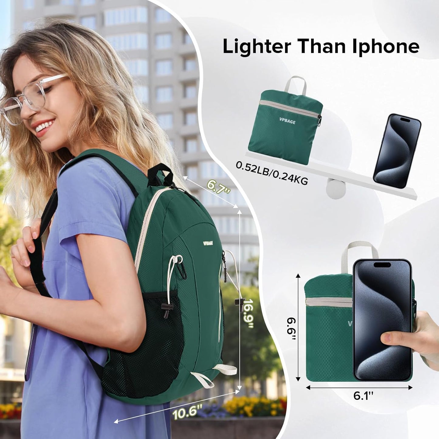 15L Water-resistant Hiking Daypack, Small Backpack Travel Outdoor, Lightweight Day Pack with Tool Loops