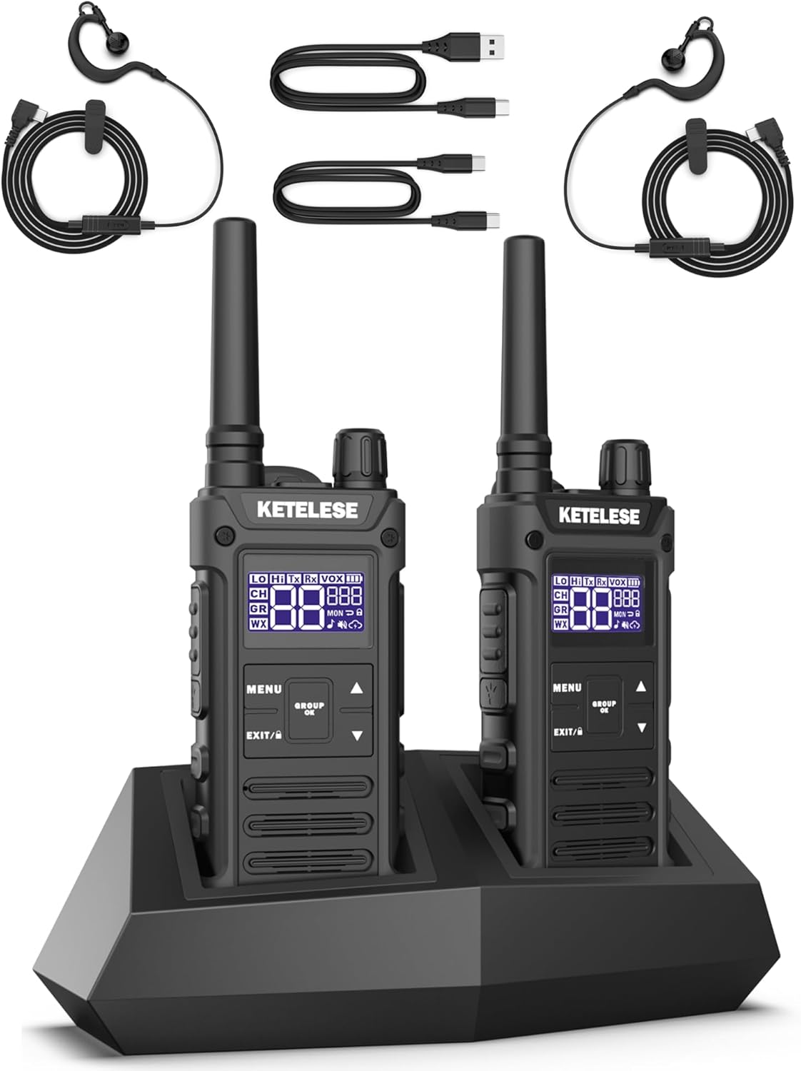 KETELESE T3G IP67 Waterproof Walkie Talkies for Adults, Heavy Duty 2 Way Radios with Earpiece, Three Charging Options, GMRS Radio, USB, NOAA, VOX(2 Pack), Black/Grey