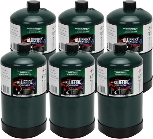 KOMAN BLUEFIRE 1Lb Propane Tank Replacement Fuel Camping Gas Cylinder All Purpose Portable Canister mini Propane Gas Tank for Camping Stove Outdoor Backpack Burner Heater Cooking Torch(6 Pack)