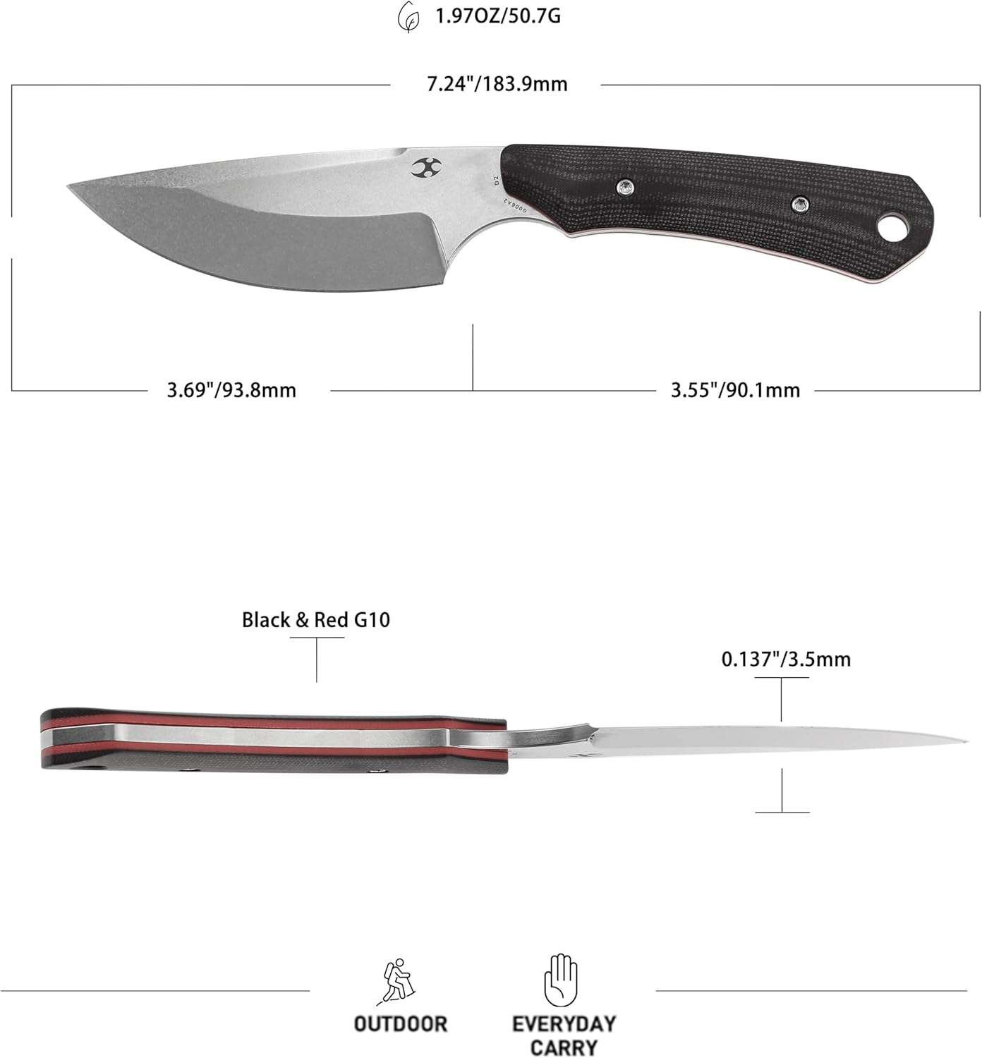 KANSPET Flank Fixed Blade Knife, 3.69" Stonewashed Sharp D2, Black & Red G10 Ergonomics Handle, Adjustable Kydex Sheath for EDC Hunting Survival Camping G006A2