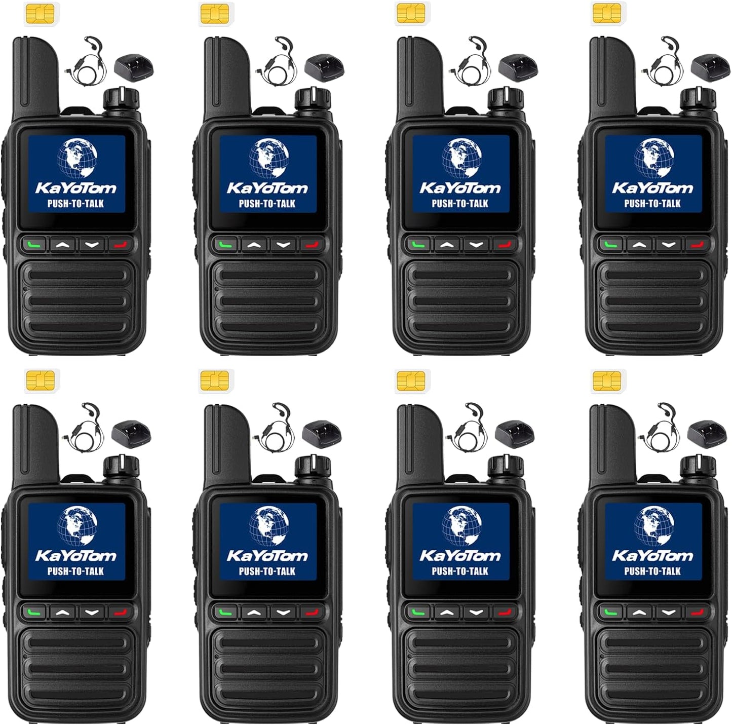 KAYOTOM Global Walkie Talkies Unlimited Range PTT Push-to-Talk Over Cellular Nationwide 5000 Miles POC 4G Handheld Long Range Two Way Radio for Team (with Charging Dock & Earphones, 8-Packs)