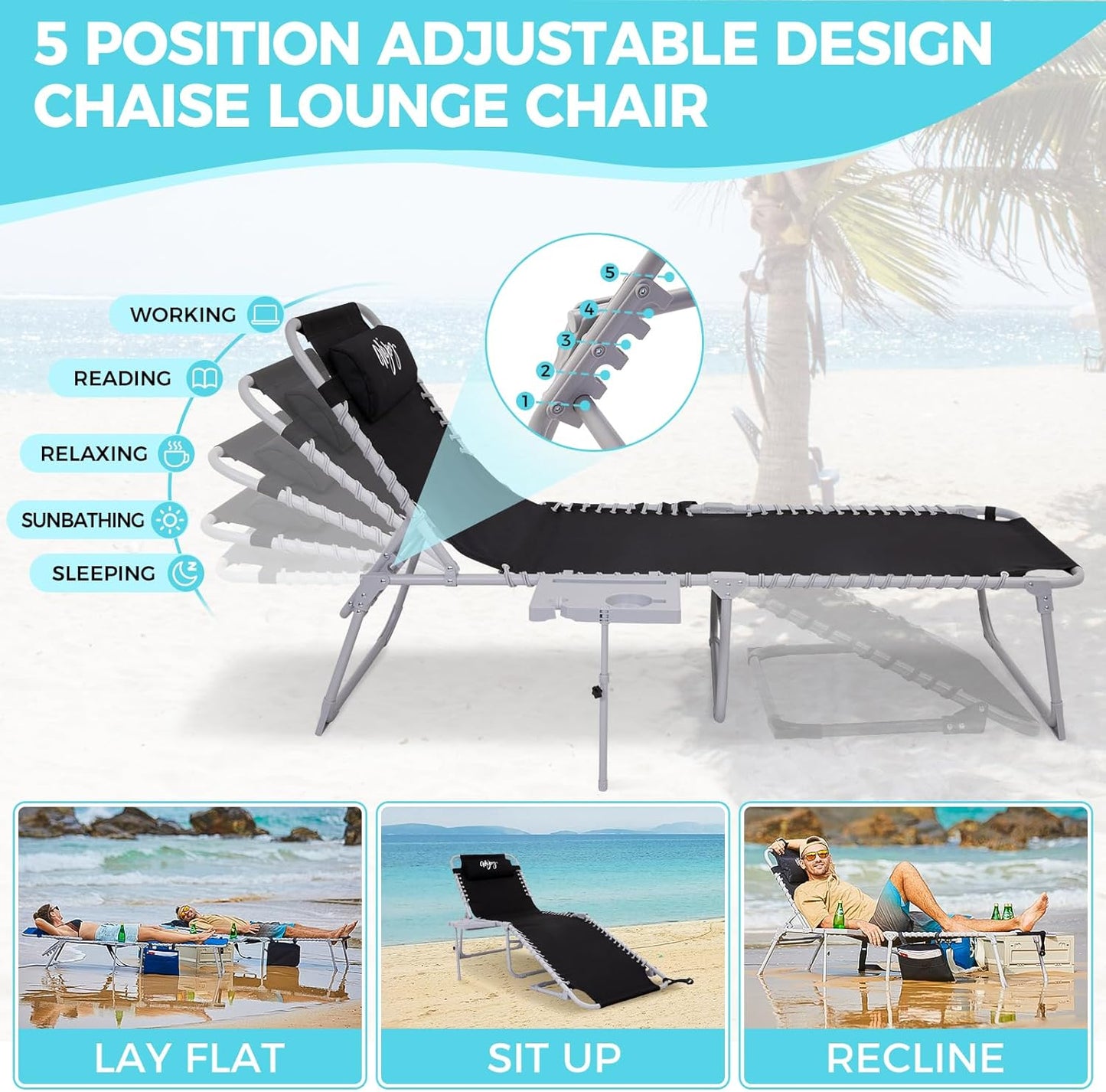 #WEJOY Folding Recliner Lounge Chair with Side Table for Outdoor 5 Positions Adjustable Reclining Patio Camping Chair with Removable Padded Pillow,Side Pocket for Beach Pool Patio Sunbathing Lawn