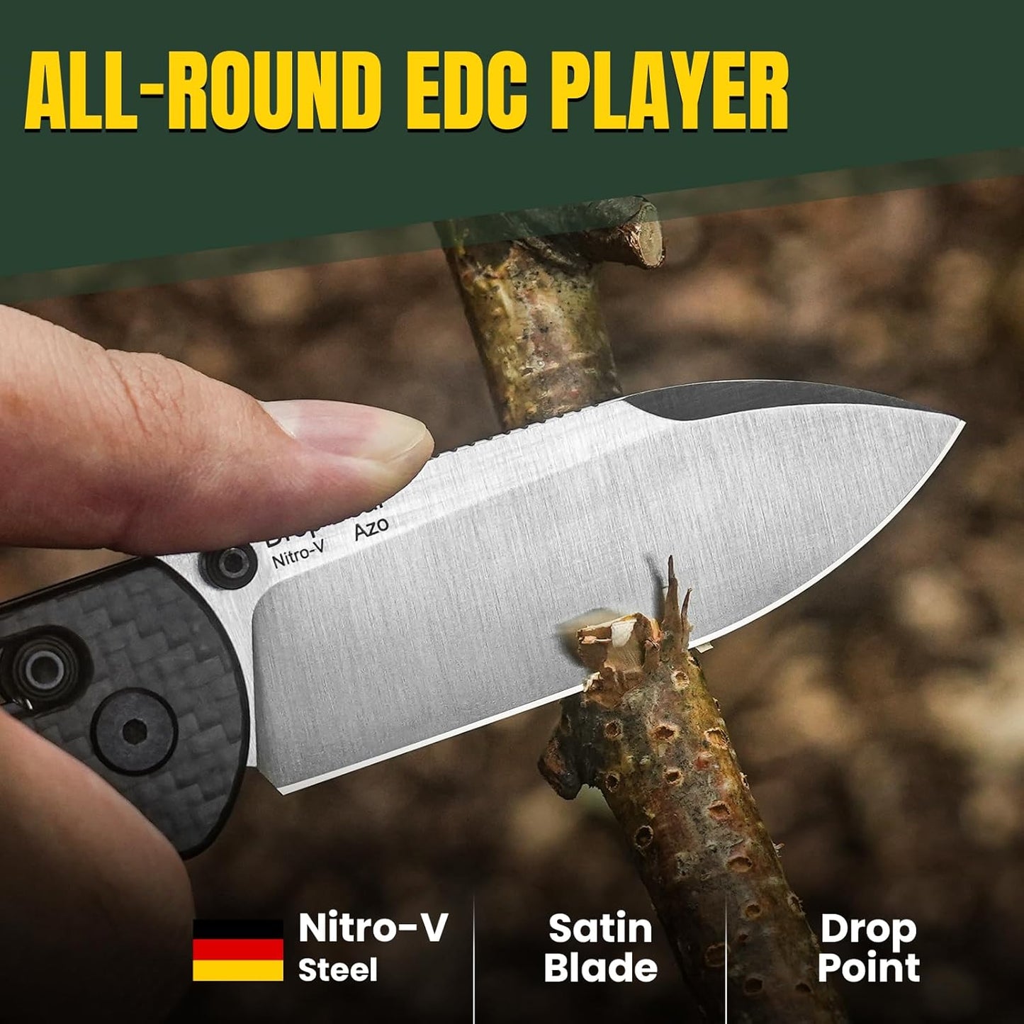 Kizer Drop Bear EDC Pocket Knife, 2.97” Nitro-V Steel Blade G10 Carbon Fiber Handle Folding Knife with Thumb Stud Opener, Lightweight Clutch Lock Camping Hunting Knife for Men Women Gift V3619A3