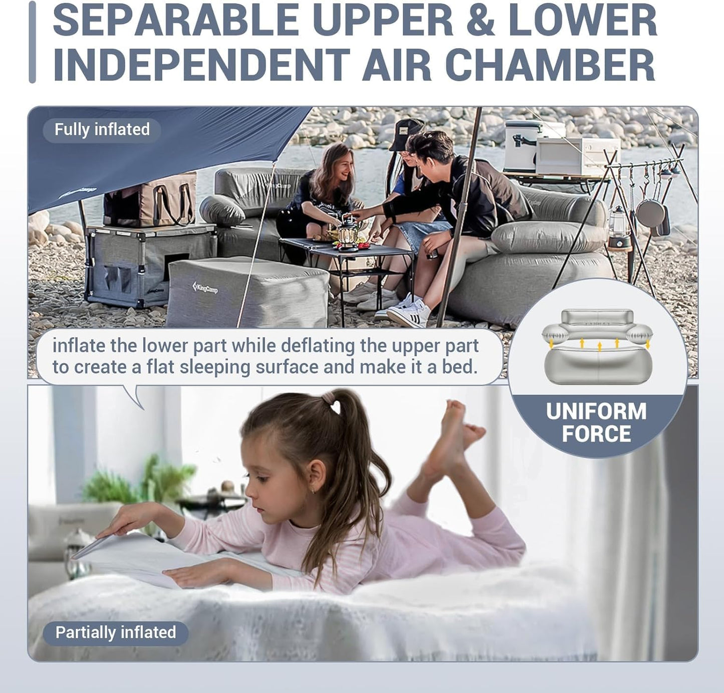 KingCamp Inflatable Couch for Camping, Portable Foldable Eco-Friendly Reach-Certified PVC Liner Air Lounger Blow Up Sofa with Foot Pump, Pegs, Repair Kit & Removable Cover