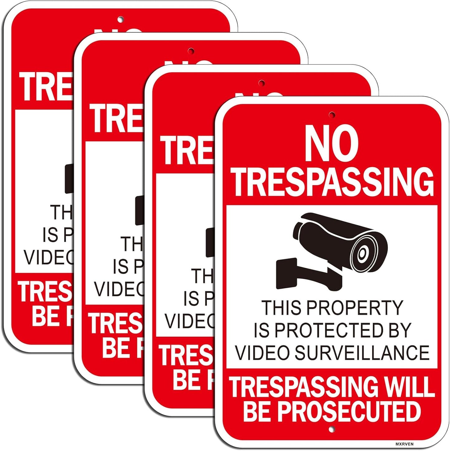 (4 Pack) Large No Trespassing Sign, Video Surveillance Signs, 18"x12" Reflective Aluminum Private Property Signs for House and Business, Violators Will Be Prosecuted, Weather Resistant, Weatherproof