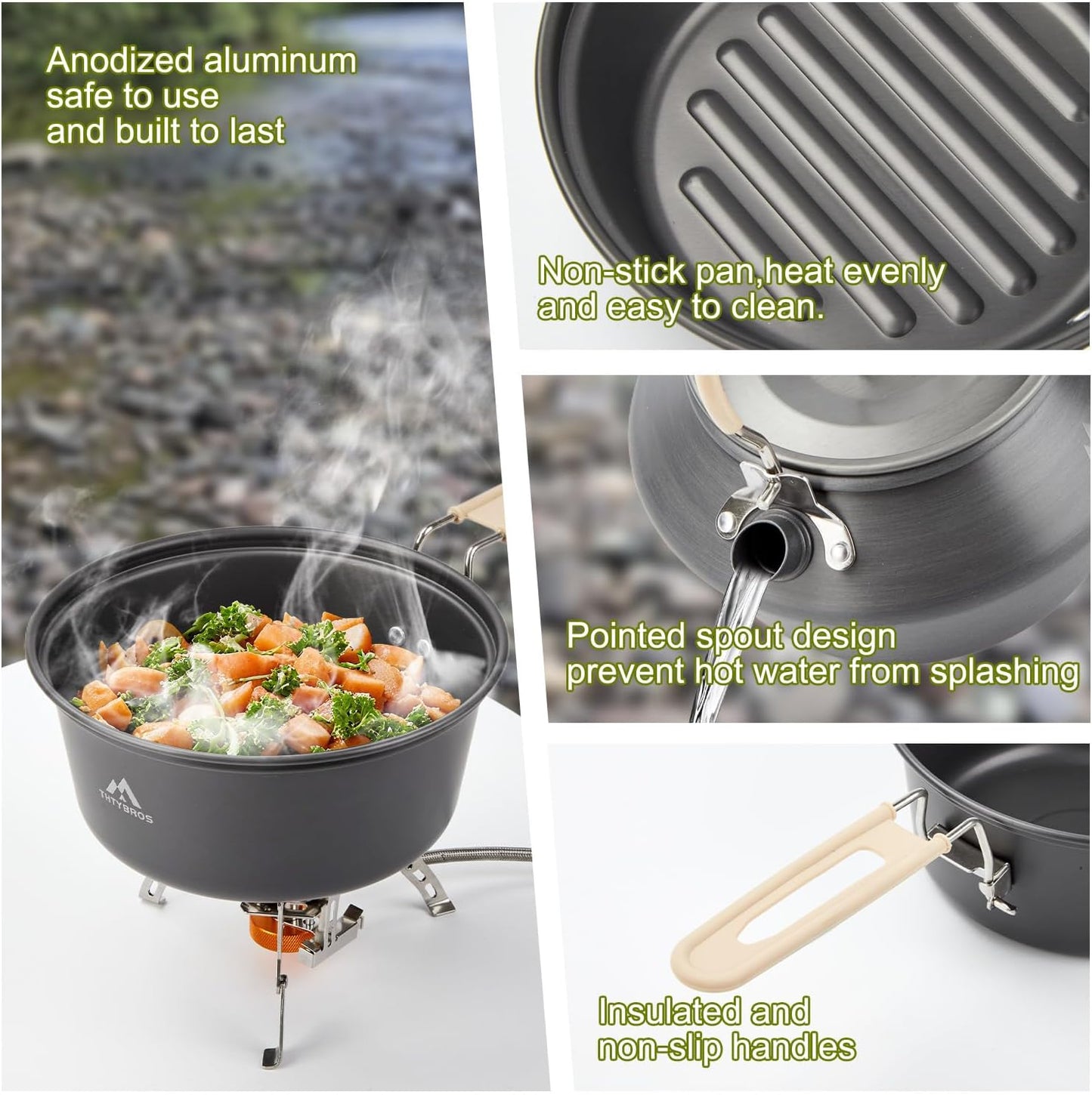 17pcs Camping Cookware Kit, 0.45Gal Pot, 7inches Pan,0.30Gal Kettle Set with 2 Set Stainless Steel Cups Plates Forks Knives Spoons for Hiking