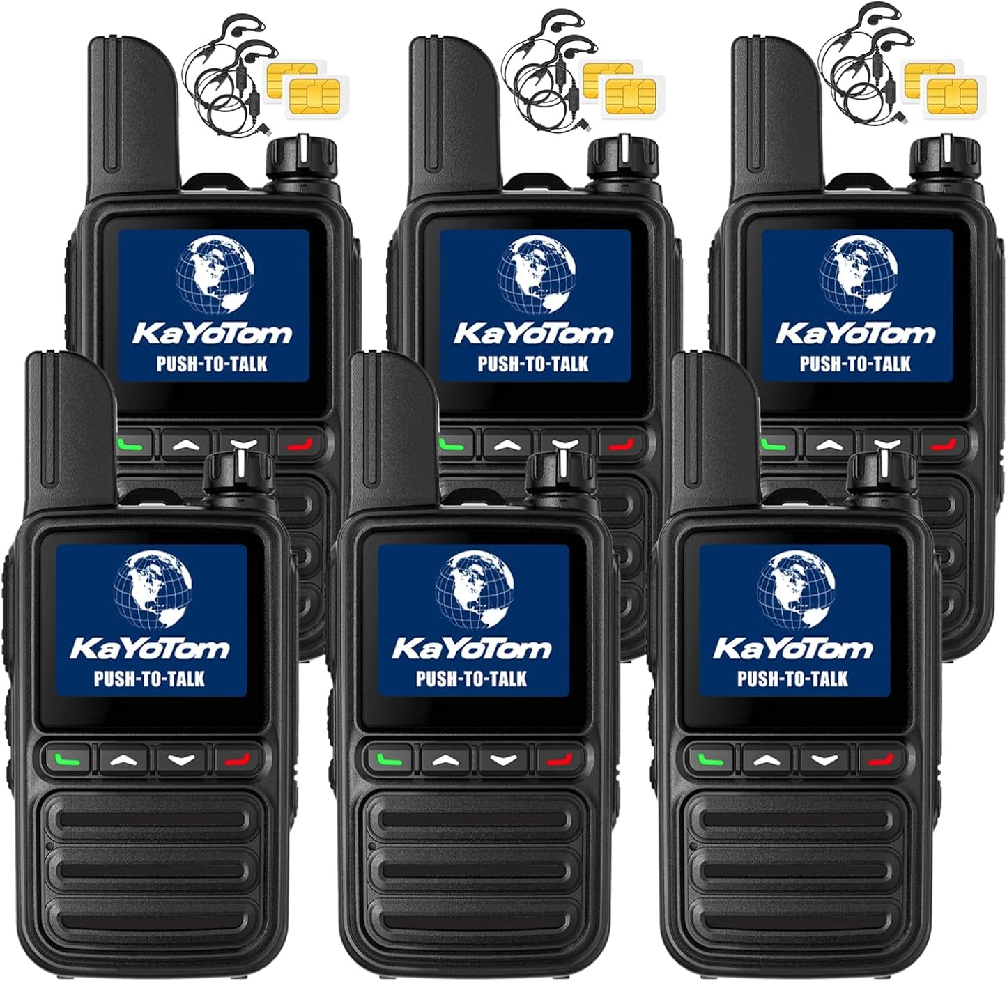 KAYOTOM Lifetime Free Global Walkie Talkies Unlimited Range PTT Push-to-Talk Over Cellular Nationwide 5000 Miles POC 4G Handheld Long Range Two Way Radio for Team Management (6-Pack with Earphones)