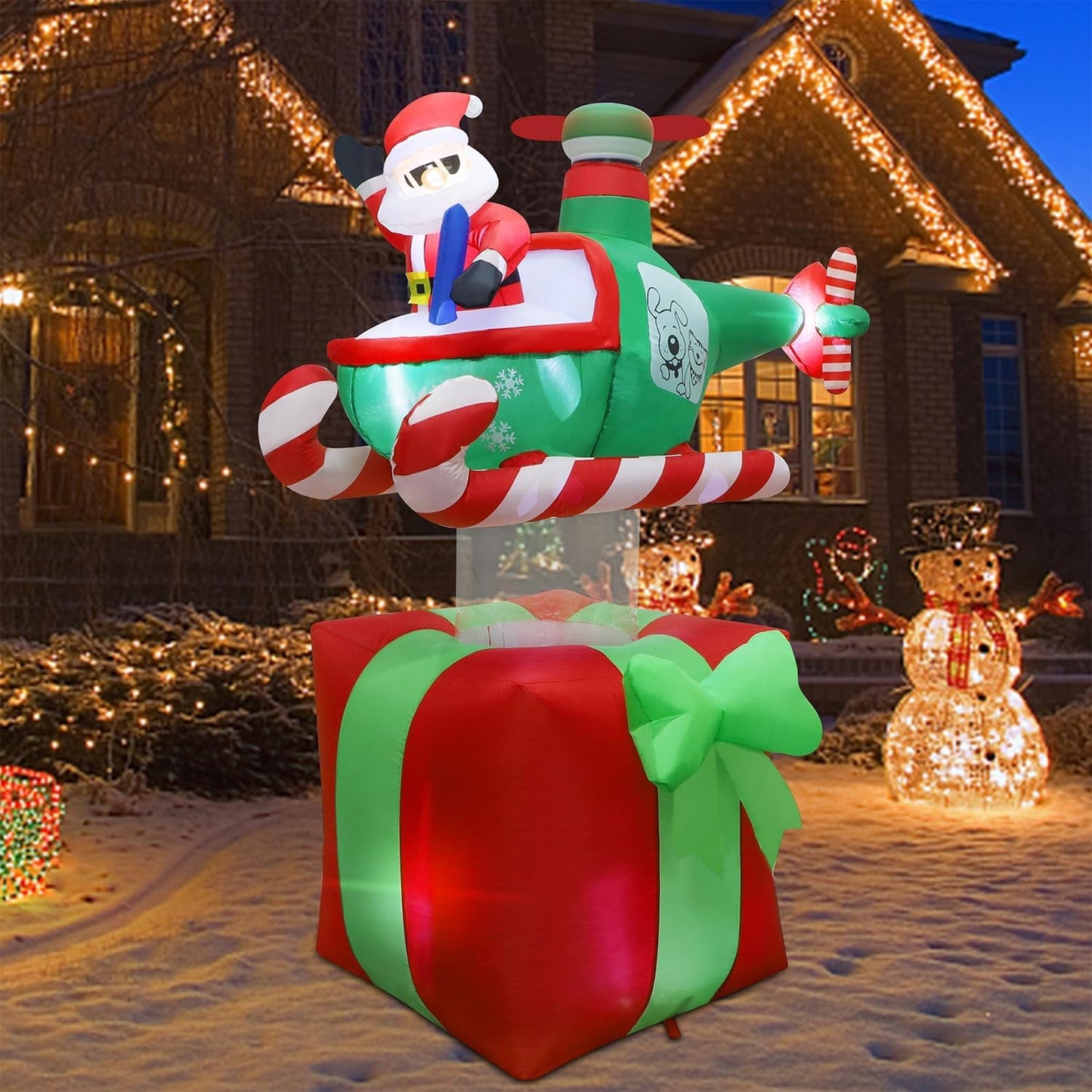 Juegoal Christmas Inflatables Outdoor Decorations, 6FT Inflatable Xmas Santa Claus with Helicopter on Gift Box, Lighted Blow Up Santa Flying Airplane, Built in Light for Holiday Lawn Yard Garden Decor