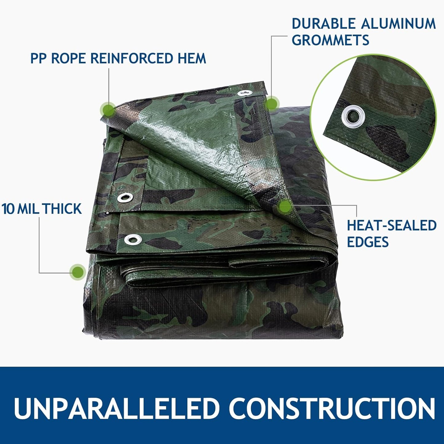 10 Mil Heavy Duty Waterproof Tarps, 8x10 Ft Finished Size Tarps, Premium Tarp with Metal Grommets & Reinforced Edge, Multipurpose Thick Poly Tarp for Car, Boat, Roof, Camping - Camouflage