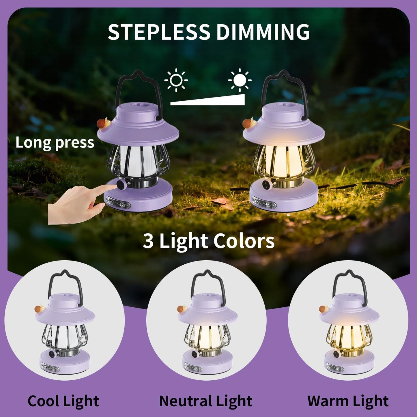 Kids Lantern with 3 Color Dimmable & USB-C Charging, Kids Nightlights for Bedroom, Indoor Outdoor Adventures & Emergency Use Toddler Flashlight Sky Lanterns Camping Essentials for Girl (Purple)