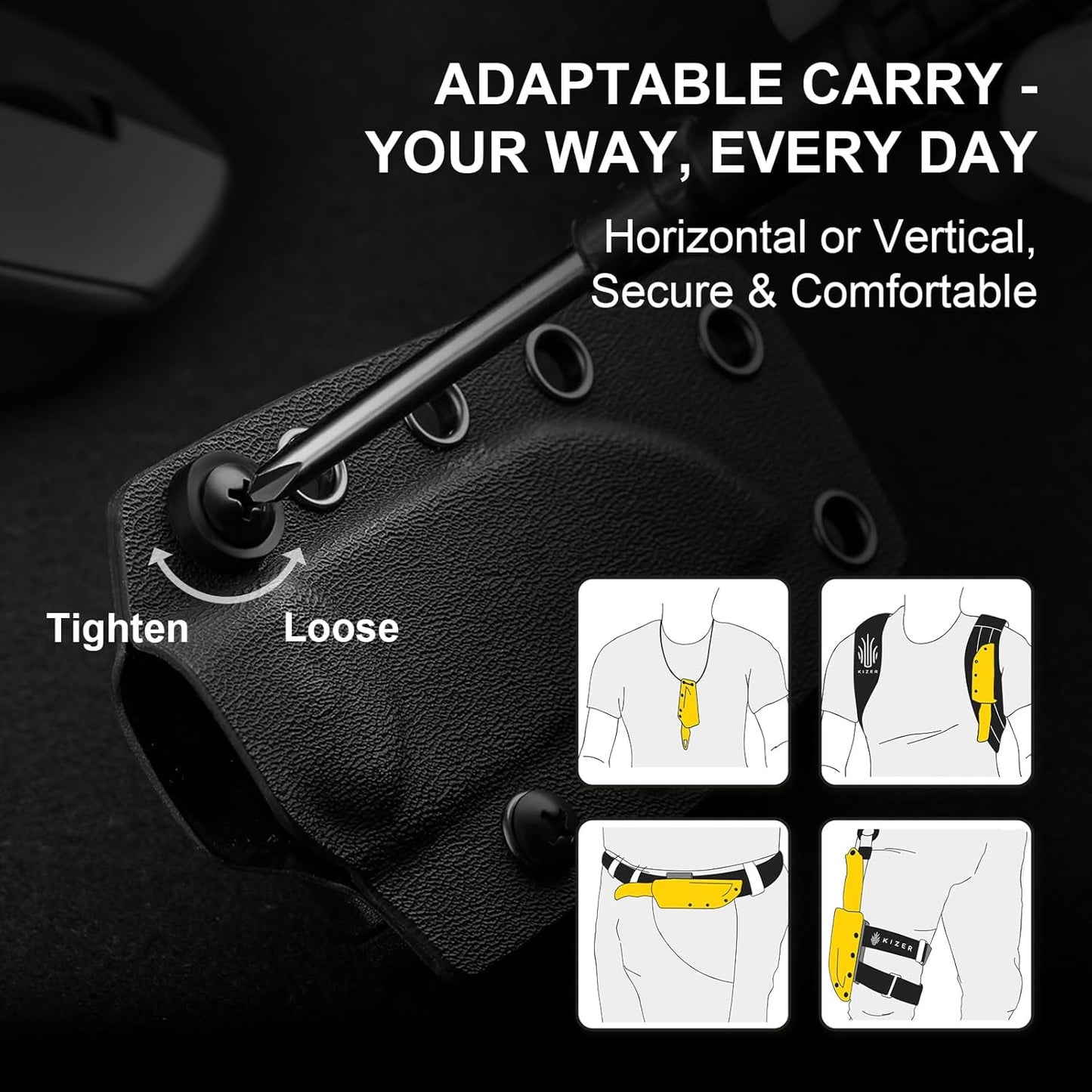 Kizer Drop Bear Fixed Blade Knife, 2.57" D2 Satin Blade EDC Camping Knife with Black G10 Handle and Hidden Tools, Outdoor Full Tang Hunting Survival Knives with Adjustable Kydex Sheath, 1094M2