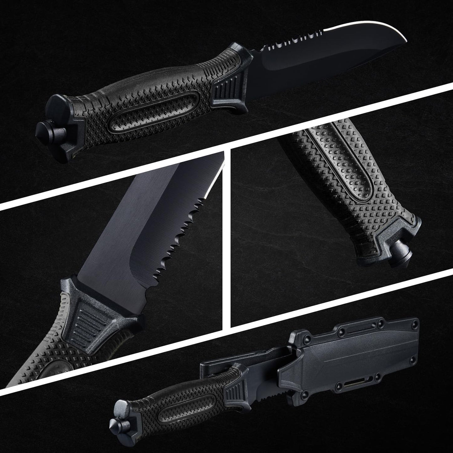 10" Fixed Blade Tactical Knives with Sheath and Clip, Stainless Steel Survival Hunting Bushcraft Full Tang Non-Slip Handle Knife for Camping, Hunting, Adventure, Outdoors, EDC, Black