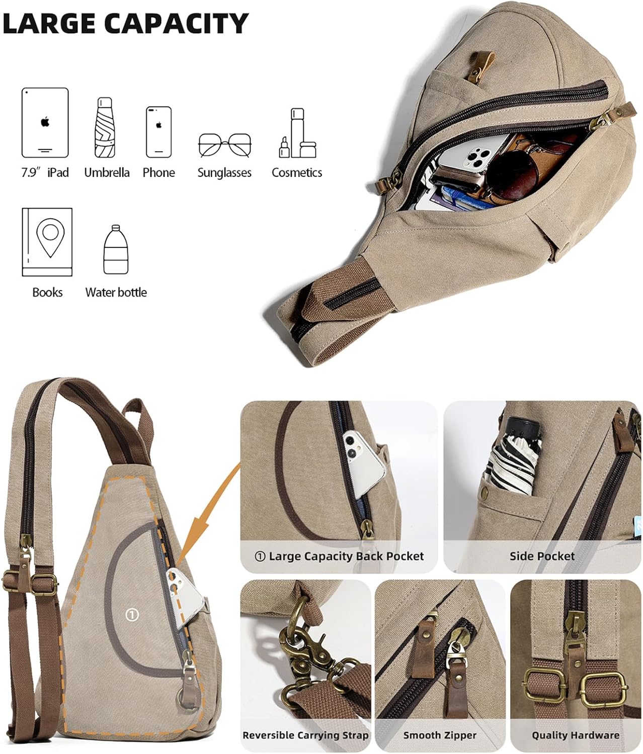 KL928 Canvas Sling Bag - Small Crossbody Backpack Shoulder Casual Daypack Rucksack for Men Women(Large Version)