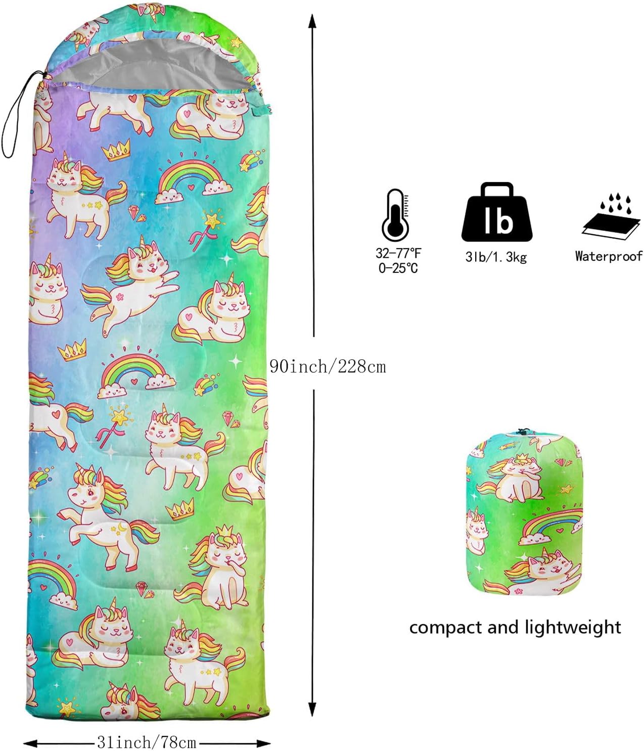 Kids Sleeping Bag for Boys Girls,Rocket Moon Print-Lightweight Warm Portable Outdoor Indoor-Waterproof Cold Weather Resistant Sleeping Bag for Camping Hiking