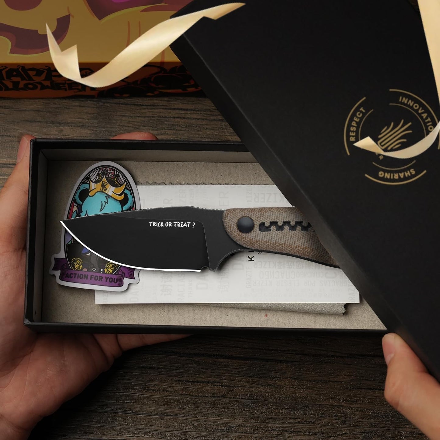 Kizer Hare Fixed Blade Knife, 3.14" Nitro V Blade Halloween EDC Hunting Knife with Brown Micarta and Black G10 Handle, Small Camping Knives with Kydex Sheath, Survival Knives for Men Women, 1077HW1