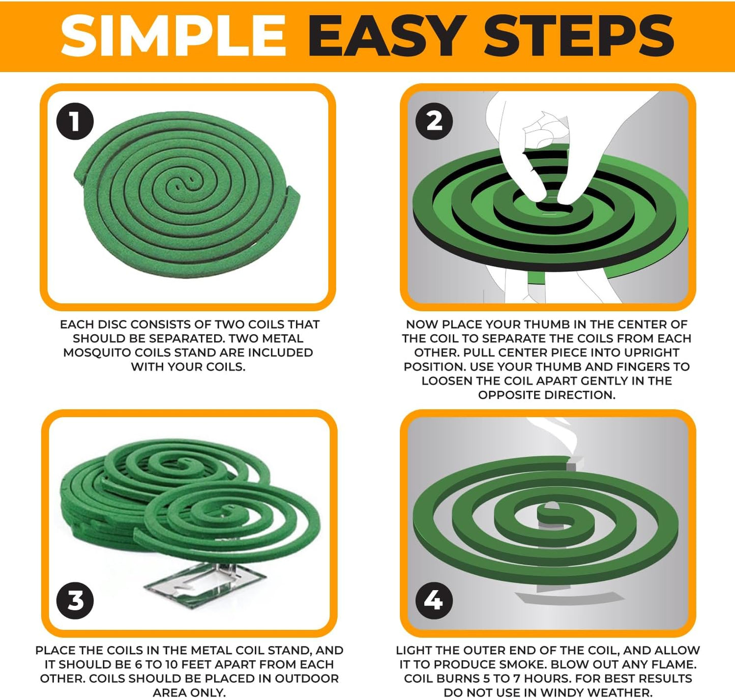 Mosquito Repellent Coils - Outdoor Use Reaches Up to 10 feet - Each Coil Burns for 5-7 Hours (Four in Each Pack Contains Total 16 coils & 8 Coil Stands)