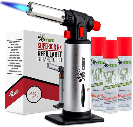 Jo Chef Kitchen Torch With Butane included, Refillable Butane Torch, Creme Brulee Torch, Blow Torch Lighter gun With Safety Lock & Adjustable Flame, 3 Cans (3.38oz) Included
