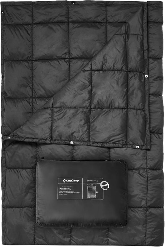 KingCamp Ultralight Camping Blanket, Packable Down Alternative Puffy Wearable Blankets Weatherproof Warm Package Quilt with Snap Buttons for Outdoor Hiking Travel Picnic Stadium (79" x 57", BLACK)