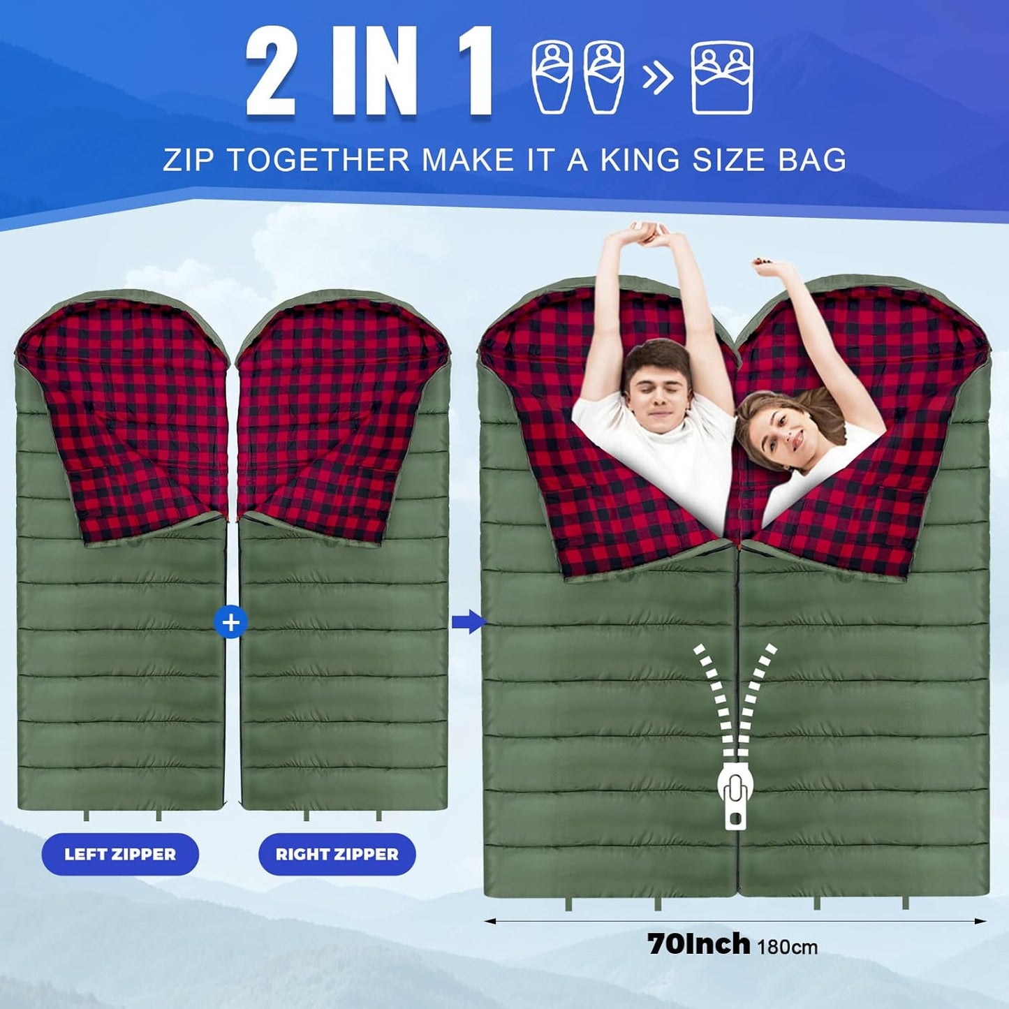 0 Degree Sleeping Bag Cotton Flannel Winter Cold Weather for Adults XXL Sleeping Bag 4 Season Big and Tall with Pillow Compression Sack