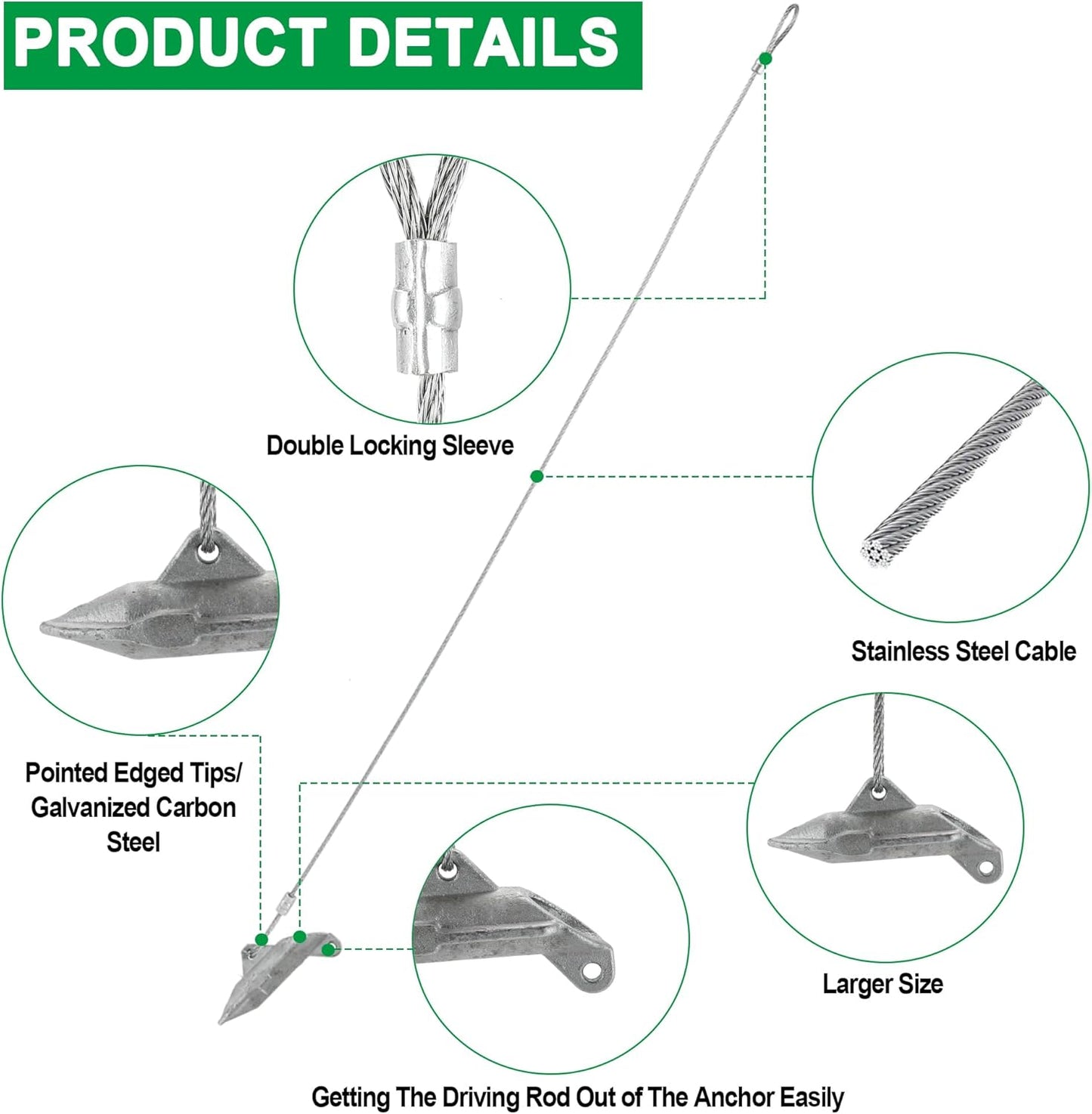 (6 Pack) Drive-In Ground Earth Anchors with 30inch Cable, Earth Anchor Heavy Duty for High Winds, Easy Hook Anchor for Fixing Shed, Carports, Tent, Swing Set, Greenhouse, Gazebo. (30inch - 6pcs)