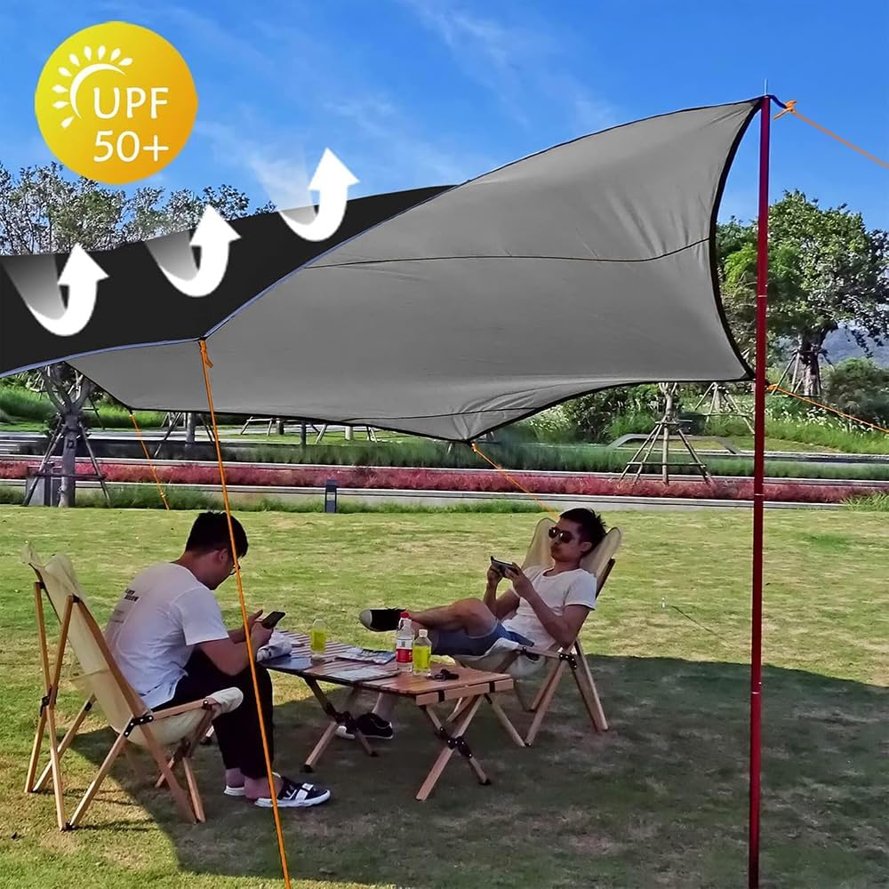 16x16 ft Large Camping Tarp Waterproof Hammock Rain Fly Camping Awning Sun Shelter (Without Pole) (Black)