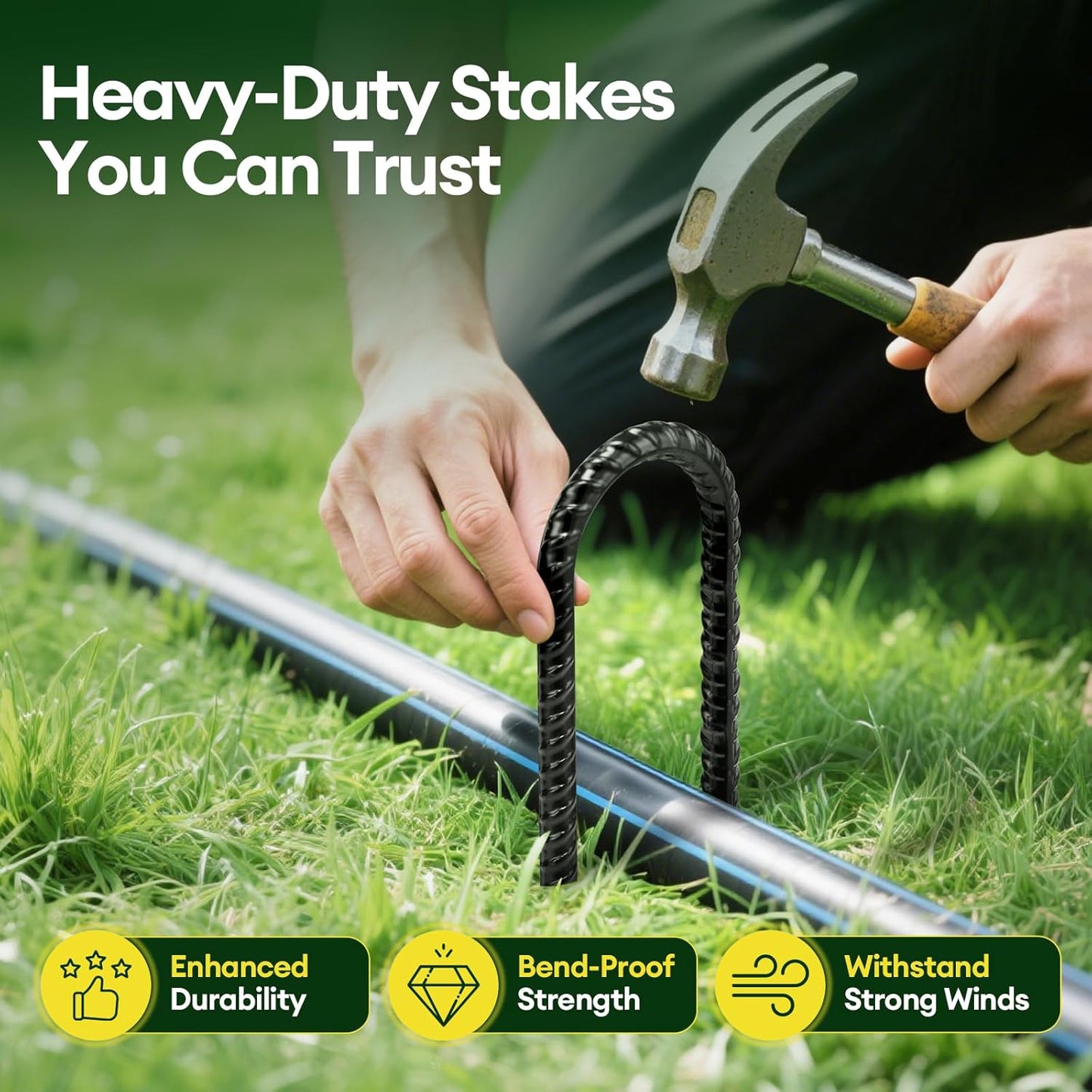 12 Inch Rebar Stakes Heavy Duty 10 Pack, U Shaped Ground Stakes, Galvanized Steel Trampoline Stakes, Tent Anchor Kit Anti-Rust, Drip Hose Wind Stakes, Black