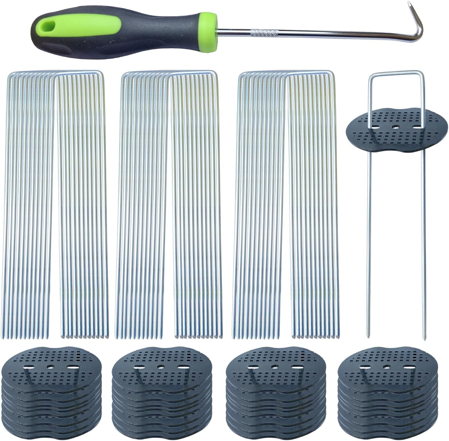 100Pcs Landscape Staples with 100 Gasket with 1Pick Hook, 6 Inch Heavy Duty Garden Stakes 11 Gauge U Shaped Galvanized Lawn Pins for Weed Barrier Fabric