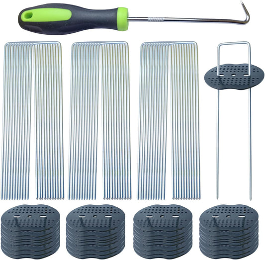 100Pcs Landscape Staples with 100 Gasket with 1Pick Hook, 6 Inch Heavy Duty Garden Stakes 11 Gauge U Shaped Galvanized Lawn Pins for Weed Barrier Fabric