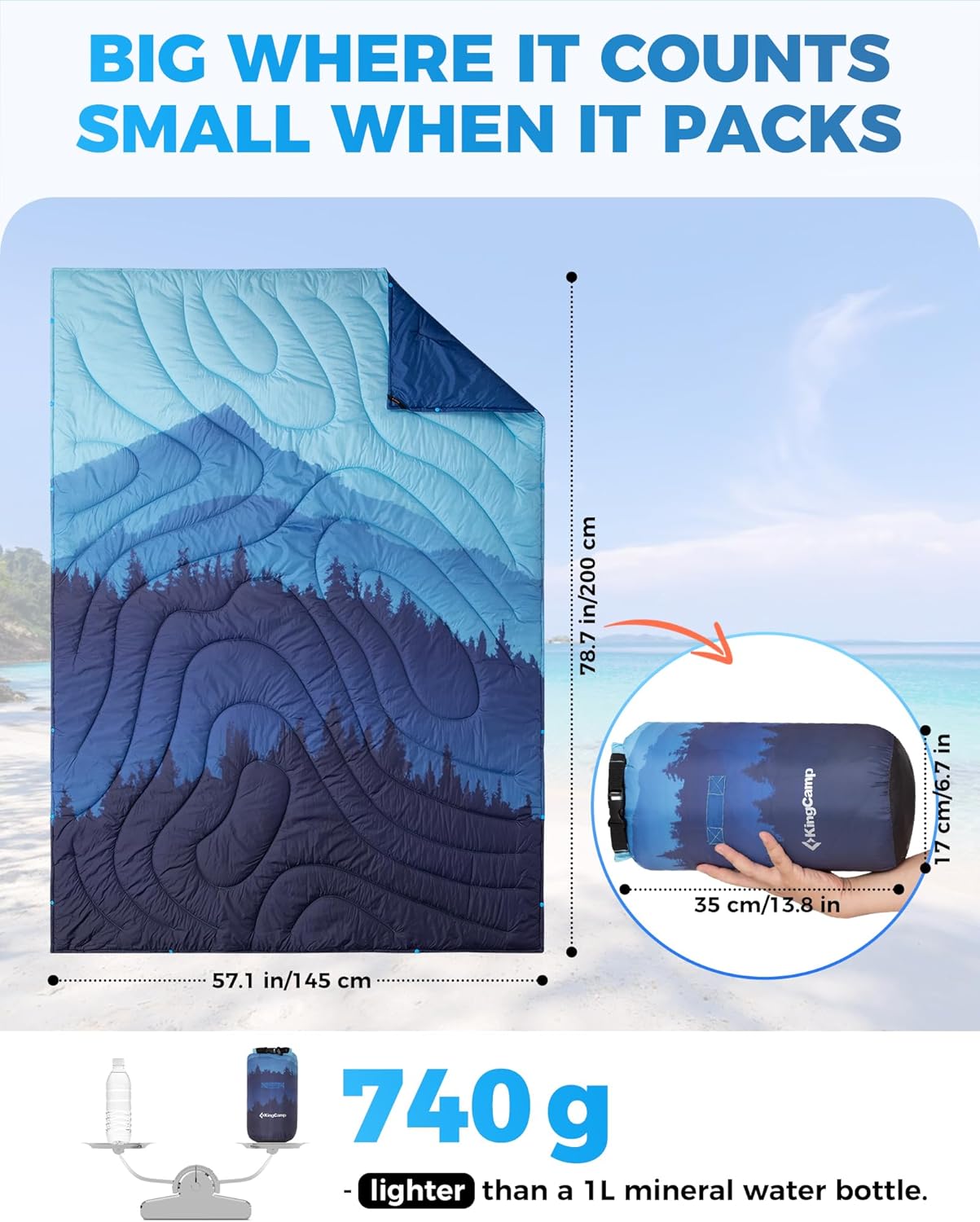 KingCamp Ultralight Camping Blanket, Packable Down Alternative Puffy Printed Wearable Blanket with Snap Buttons & Corner Loops Weatherproof Quilt for Outdoor Travel Stadium (79" x 57", Forest)