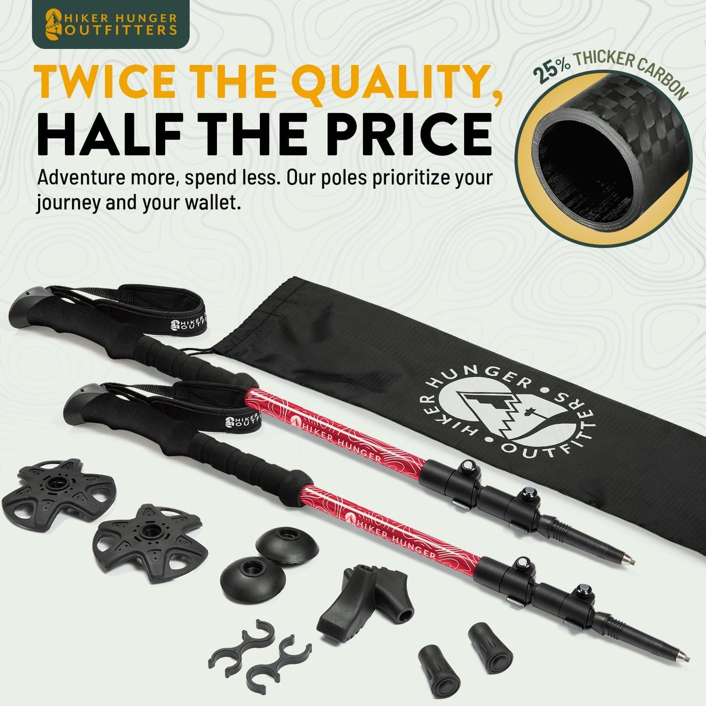 100% Carbon Fiber Trekking Poles by USA Brand - Ultra Strong Lightweight Collapsible Hiking Poles with Cork and EVA Foam Grips & Quick Adjustable Flip Locks