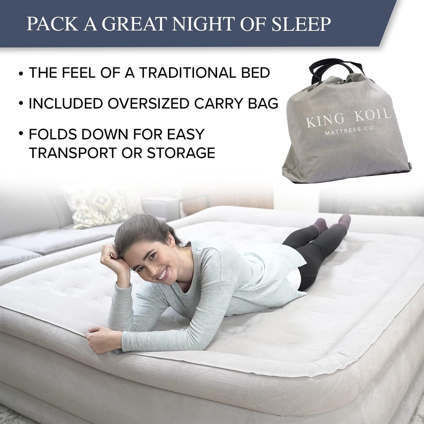 King Koil Luxury Built-in Pillow Top Queen Air Mattress with Built-in High-Speed Pump Best for Home, Camping, Guests, 20" Queen Size Double High Airbed, Blow Up Mattress, Waterproof, 1-Year Warranty