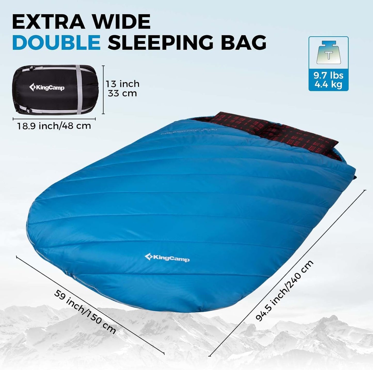 KingCamp Double Sleeping Bag for Adults, Queen Size 2 Person XXL Flannel Sleeping Bag, Waterproof Lightweight Flannel Quilt with 2 Pillows, Perfect for Couples Family Camping Hiking