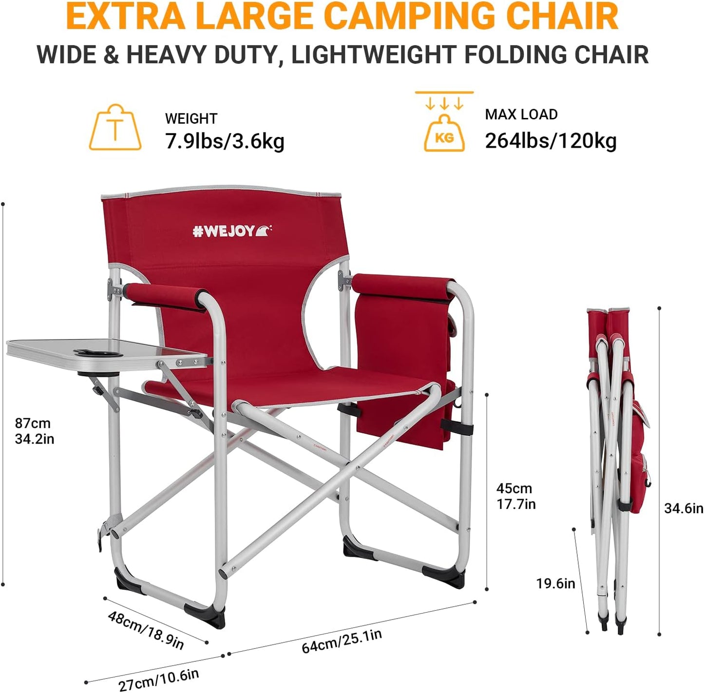 #WEJOY Camping Directors Chairs Heavy Duty Oversized Portable Folding Camping Chair with Side Table, Pocket for Beach Fishing Trip Picnic Lawn Concert